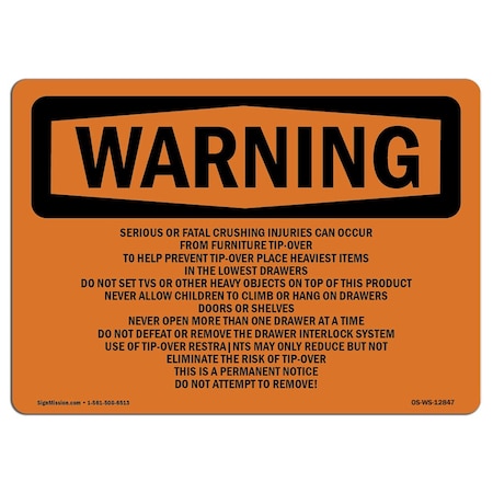Signmission OSHA Sign, Tip-Over Hazard Do Not Attempt To Remove, 24in X 18in Decal, 18" W, 24" L, Landscape OS-WS-D-1824-L-12847